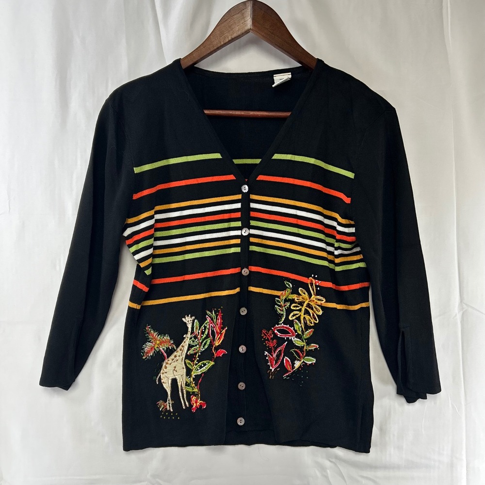 VTG Sportelle Cardigan Womens Small Black Striped Beaded Giraffe Novelty Sweater